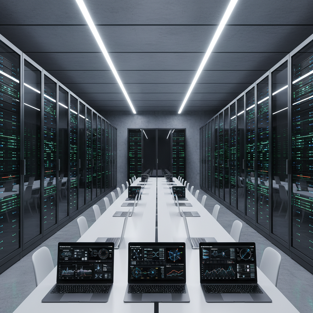An expansive, ultra-modern cloud infrastructure visualization room with rows of black server racks enclosed behind clear glass panels, their indicator lights forming organized patterns of blue and green. In front, a long, minimalist white conference table is covered with open laptops showing data engineering ETL diagrams, AI model training dashboards, and real-time analytics. The floor is polished concrete, subtly reflecting the overhead linear LED lighting that casts clean, crisp illumination throughout. The atmosphere is cutting-edge and methodical, suggesting a high-end IT staffing provider. Photographic realism from a centered, eye-level composition with strong depth, allowing both the foreground technology and the distant server racks to remain in sharp focus, conveying reliability and scalability.