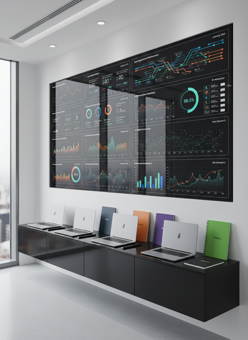 A sophisticated, photographic realism scene of a large, wall-mounted digital dashboard in a corporate office, filled with neatly arranged tiles displaying Java application performance metrics, streaming data pipelines, AI model accuracy, and interactive analytics charts. Directly below, a floating black credenza supports a row of docking stations with closed, branded laptops and color-coded notebooks labeled "Java", "Data Engineering", "AI", and "Analytics". Soft, cool-white recessed ceiling lights cast even, professional illumination, while a floor-to-ceiling window on one side introduces subtle natural light and reflections on the glossy screen. The composition uses the rule of thirds at eye level, with sharp focus on the dashboard, creating a confident, data-driven atmosphere ideal for an IT staffing solutions homepage hero image.
