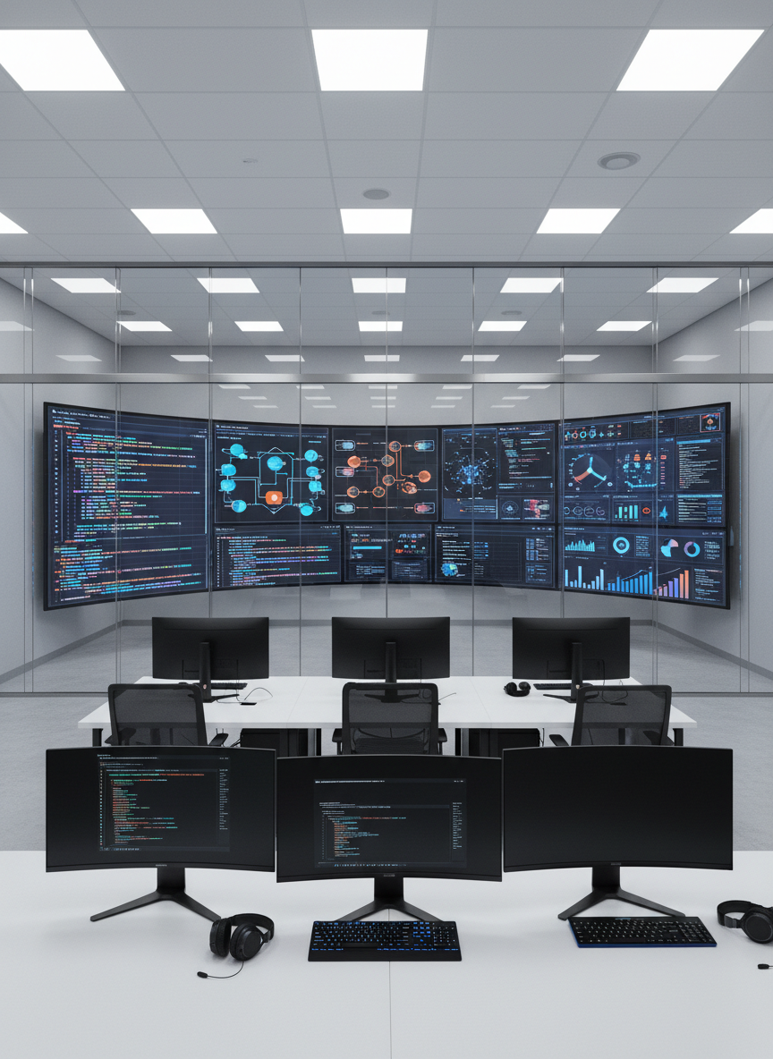 A sleek, glass-walled enterprise data center command room without any people, dominated by a wide, curved wall of ultra-high-resolution monitors displaying colorful Java code, streaming data pipelines, AI dashboards, and analytics charts. In the foreground, multiple minimalist black workstations with dual monitors, mechanical keyboards, and noise-cancelling headsets are neatly arranged on a matte white desk surface. Cool, evenly distributed LED ceiling panels provide soft, diffused lighting, creating gentle reflections on the glass and metal surfaces. The mood is highly professional, precise, and focused. Photographic realism from a slightly elevated, wide-angle perspective, with sharp focus throughout, emphasizes scale, organization, and the sophistication of IT staffing for Java, Data Engineering, AI, and Analytics roles.