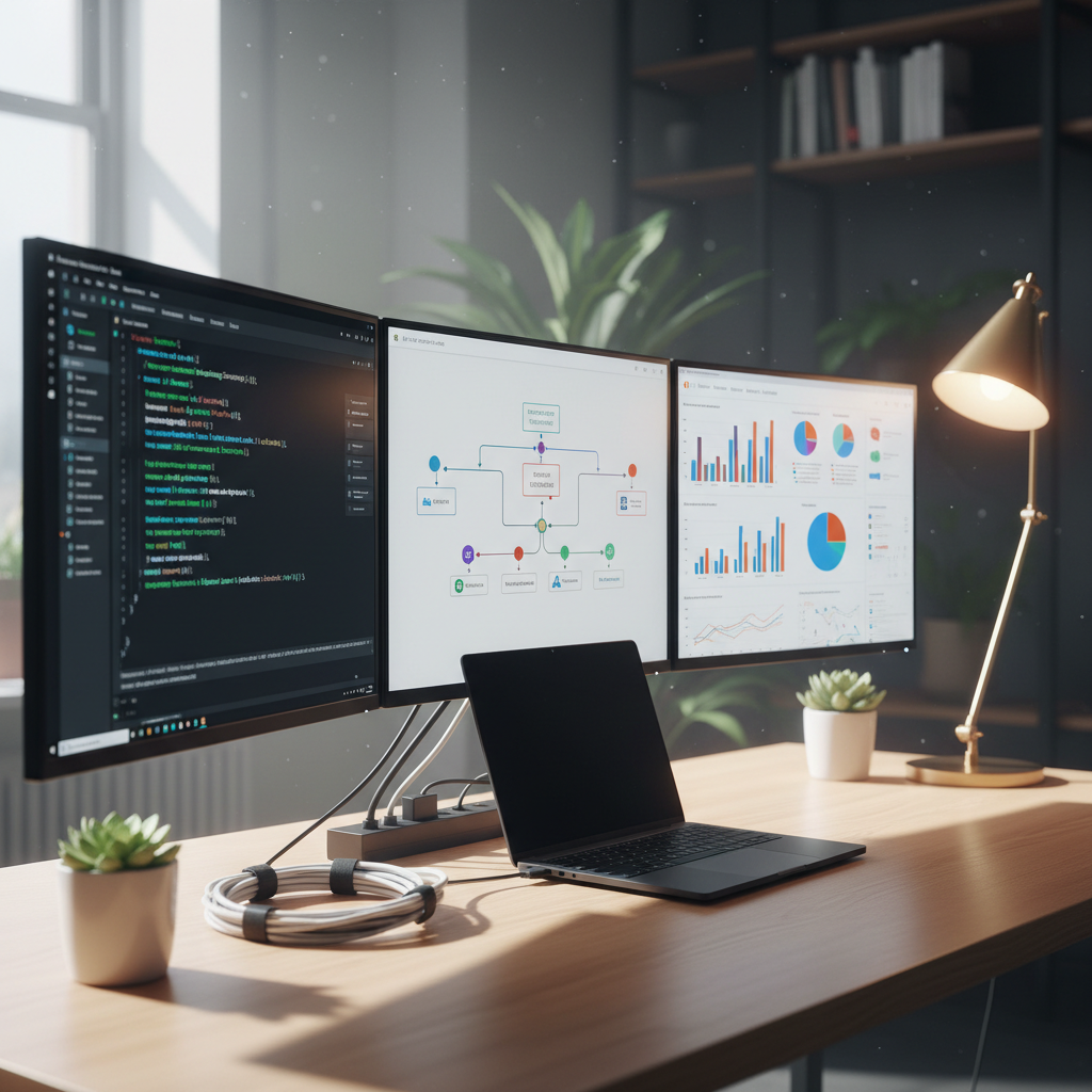 A close-up, photographic realism shot of a modern workspace featuring three large monitors on a clean, light-wood desk, each screen showcasing different aspects of IT: one with elegant Java code in a dark theme editor, another with a visually rich data engineering workflow diagram, and the third with AI-driven analytics dashboards full of clear charts and graphs. A slim, black laptop is docked beneath the monitors, with neatly coiled cables and a small potted plant adding subtle color. Soft, natural daylight from an unseen window illuminates the scene, complemented by a warm desk lamp that casts gentle shadows. Captured at eye level with a shallow depth of field, the composition feels calm, organized, and expertly managed, reflecting a professional IT staffing environment.